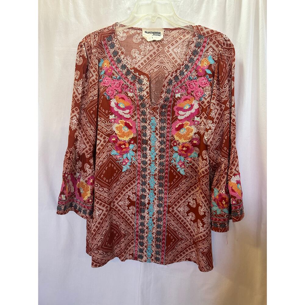 Savanna Jane Vibrant Embroidered Boho Western Blouse – Size L